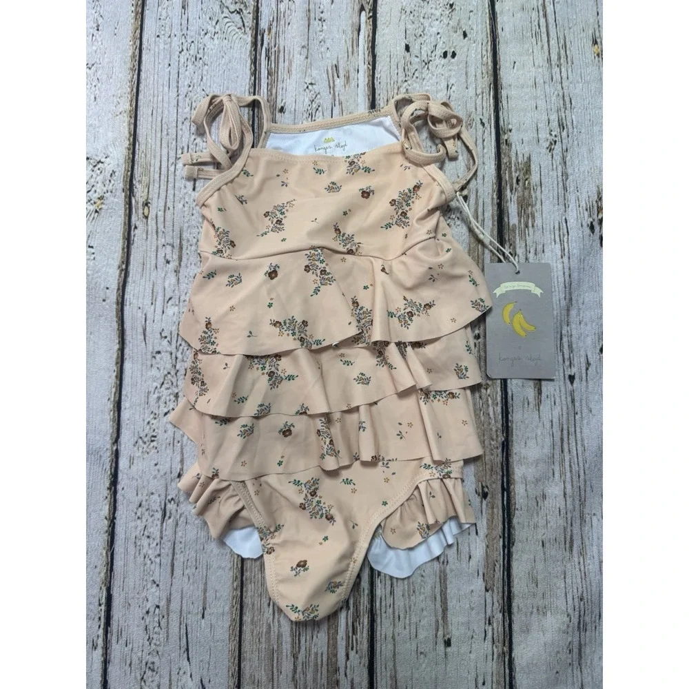 Konges Slojd One Piece Swimsuit Peach Floral Ruffle Girls 2Y UPF 50+ NWT